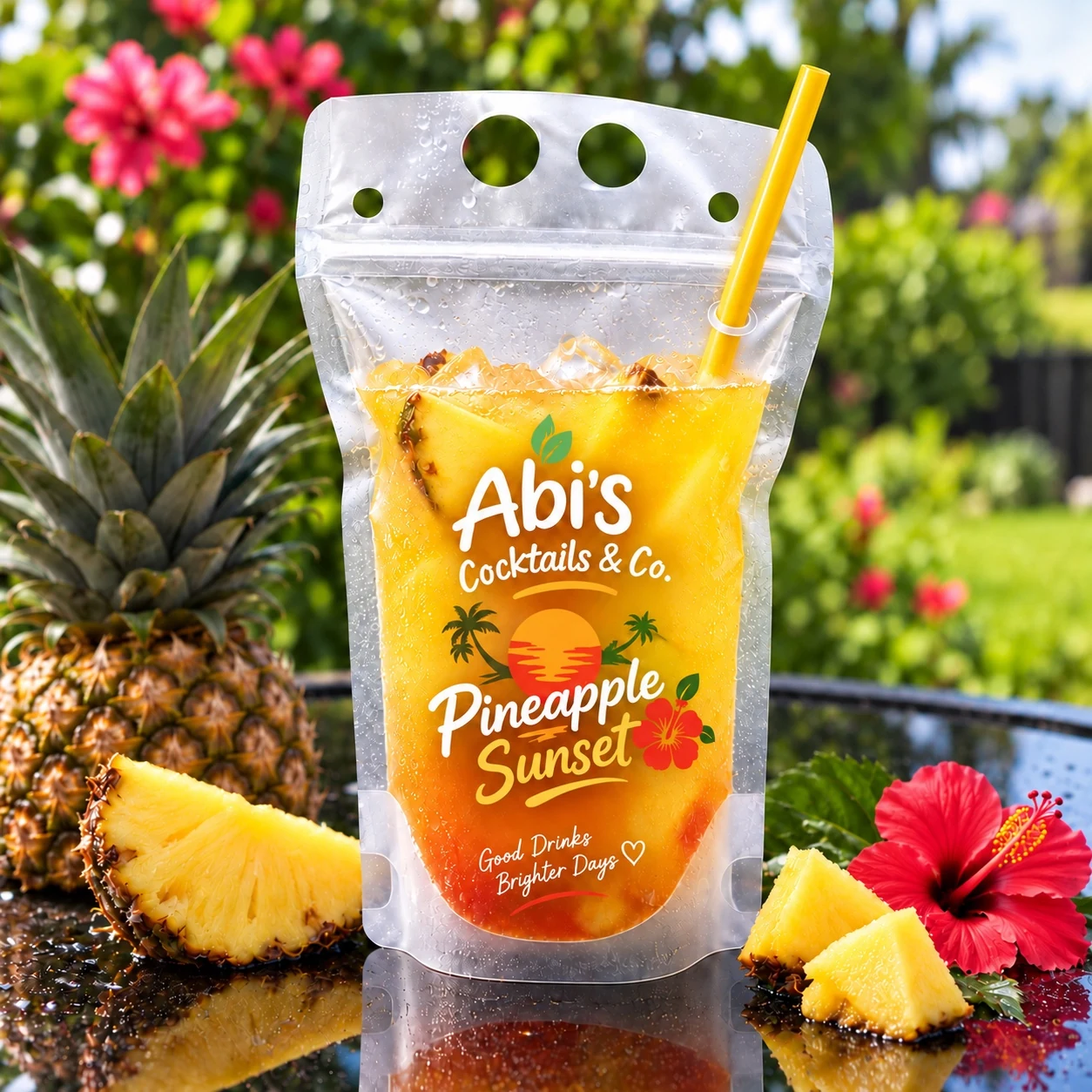 Abi’s Cocktails & Co. Pineapple Sunset drink in a chilled pouch